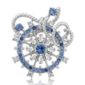 Exquisite silver-tone ship wheel rhinestone brooch pin elegant nautical jewelry for women