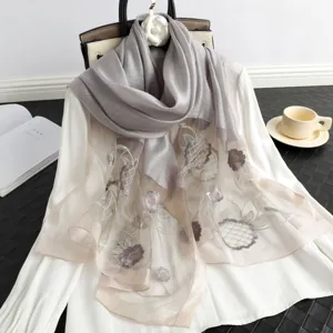Women Silk Wool Embroidered Scarf Elegant Floral Long Shawl Soft Lightweight Luxury Neck Wrap
