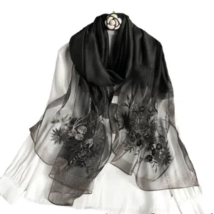 Elegant black silk embroidered scarf for women, lightweight floral shawl for spring and autumn.
