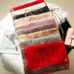Luxury silk wool embroidered scarf, elegant floral design winter shawl for women.