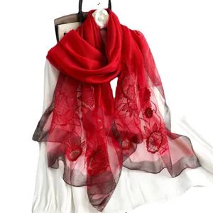 Red silk wool embroidered scarf women elegant floral shawl lightweight sun protection wrap