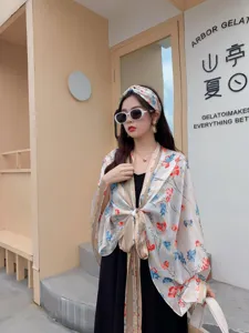 2024 New floral print sun protection clothing scarf headband three-piece set beachwear