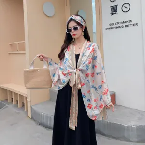 Women Summer Floral Print Satin Sun Protection Shawl Cardigan Scarf Headband Three Piece Set Beach Cover Up