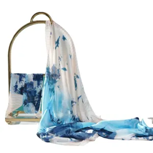 Blue and white tie dye print long scarf lightweight summer beach shawl fashion neckerchief