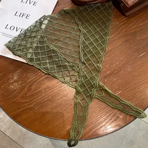 Detailed view of the trendy short lace grid triangular shawl and scarf for women in summer.