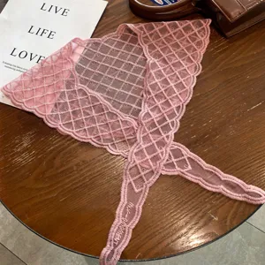 Pink lace mesh triangle scarf elegant floral jacquard headscarf stylish women summer shawl
