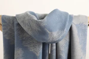 Blue feather pattern cashmere scarf, warm double-sided winter shawl and thick wrap for women.