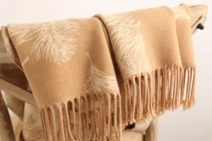 Cozy cashmere-feel winter feather print scarf detail, elegant tassel fringe warm shawl wrap.