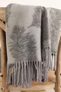 Grey cashmere feel feather pattern scarf detail view with elegant fringe hem texture.