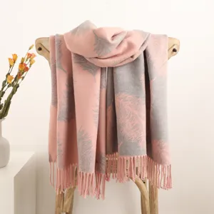 Women Winter Warm Scarf Jacquard Feather Pattern Tassels Long Shawl Soft Comfortable Cashmere Feel Winter Scarf Wrap