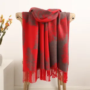 Beautiful cozy winter red grey feather pattern cashmere feel tassel shawl warm detail