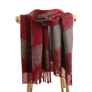 Winter women's feather cashmere scarf, thick warm double-sided tassel shawl, red and grey.