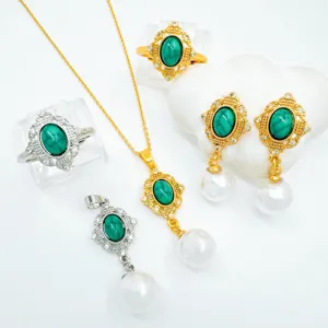 Vintage Palast Stil Vergoldeter Türkis Künstliche Perle Schmuck Komponenten Oval Strass Anhänger Ohrstecker Ring Für Damen DIY Zubehör