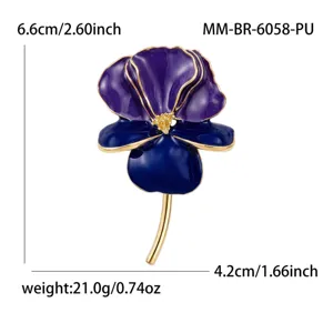 Elegante broche de flor de iris esmaltada morada, joyería de moda botánica chapada en oro mujer