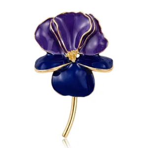Elegante broche de flor de iris de esmalte morado con tallo dorado, joya de moda.