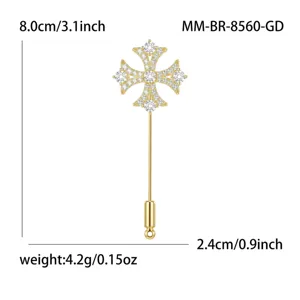 Vergoldete Kristall Kreuz Anstecknadel Brosche, elegantes Modeaccessoire für Damen und Herren.