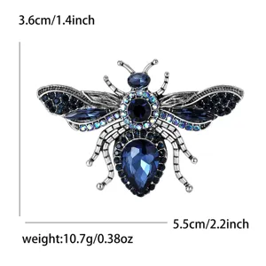 Detailed view of the crystal rhinestone bee brooch showing precise dimensions and quality alloy.