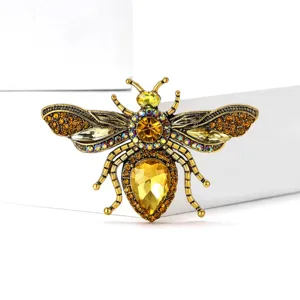 Exquisite vintage alloy rhinestone bee brooch pin, elegant insect suit lapel jewelry accessory.