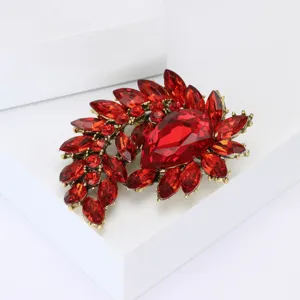 Close-up detail of vintage red rhinestone alloy brooch with sparkling crystal elements.