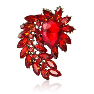 Vintage red crystal rhinestone brooch for women, elegant alloy floral suit dress pin jewelry