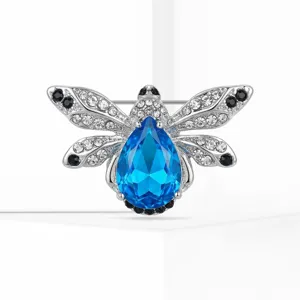 Crystal bee brooch with blue teardrop gemstone and sparkling rhinestones for women.