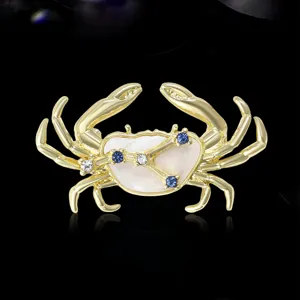 Dettaglio in primo piano di una spilla a granchio zodiacale con cristalli scintillanti.