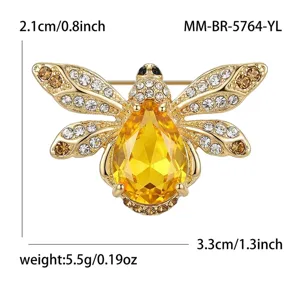 Gold tone alloy crystal bee brooch pin, elegant rhinestone insect jewelry for women.