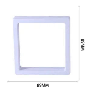 Square floating display box detail shot with transparent membrane and sturdy white plastic frame.