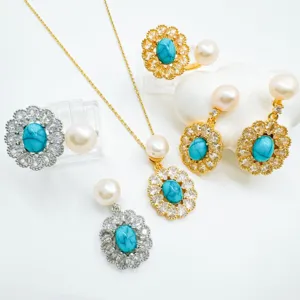 Vintage Türkis Perle Zirkonia Blumen Anhänger Halskette Ohrringe Schmuckset Detail