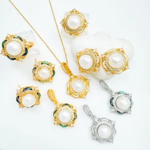 Luxury Four Leaf Clover Jewelry Components Copper Gold Silver Plated Rhinestone Shell Earrings Ring Pendant For Women Fashion DIY Accessories