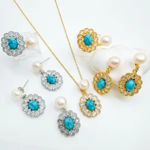 Vintage Palast Stil Strass Schmuckset Zubehör Für Damen Vergoldet Türkis Anhänger Ohrringe Ring Zubehör