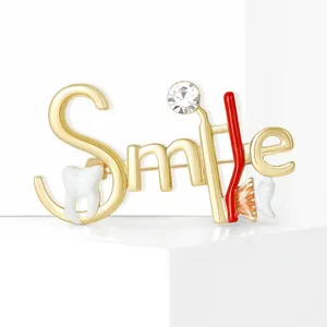 Creative smile letter tooth brooch pin with enamel and crystal for suit jacket collar decor