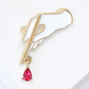 Creative alloy enamel medical scalpel brooch pin with pink teardrop crystal pendant fashion jewelry