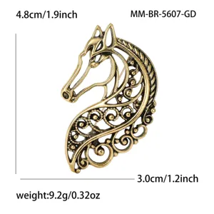 Vintage hollow horse head brooch, court style alloy pin for women apparel decoration.