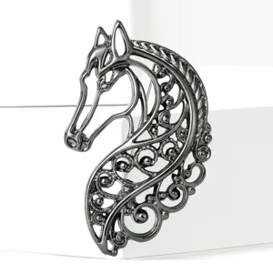 Vintage hollow carved horse head brooch pin, antique gun black metal statement jewelry for women