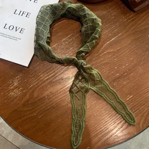 Green lace grid scarf, elegant mesh jacquard lightweight hair ribbon shawl for women.