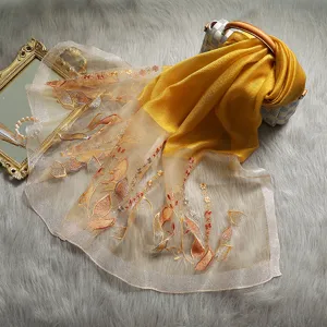 Exquisite embroidered silk scarf for women, elegant long floral wrap shawl for spring and autumn.