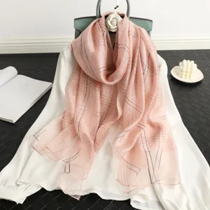 Elegant pink striped silk wool scarf with gold thread embroidery for women spring autumn fashion.