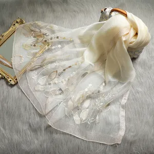 Exquisite mulberry silk embroidered long scarf for women, elegant floral design shawl and gift.
