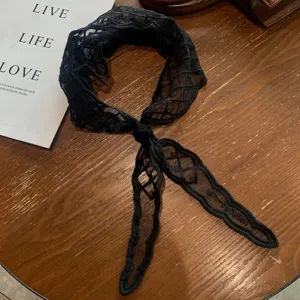 Black lace grid scarf detail, chic hollow out jacquard summer women fashion accessory.