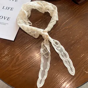 Cream white lace mesh scarf short shawl elegant floral jacquard neckerchief summer accessory