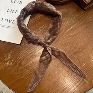 Brown lace grid hair ribbon scarf, elegant sheer short shawl accessory for summer styling.