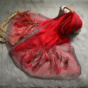 Red mulberry silk embroidered scarf with metallic border, elegant wrap for spring.