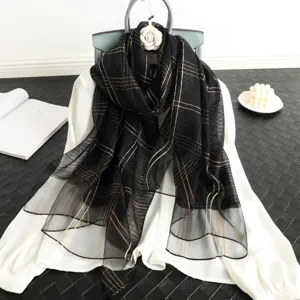 Elegant women gold thread embroidered silk wool striped scarf autumn fashion shawl accessory.