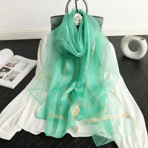 Luxury Green Silk Wool Scarf Gold Stripe Women Shawl Fall Winter Elegant Fashion New