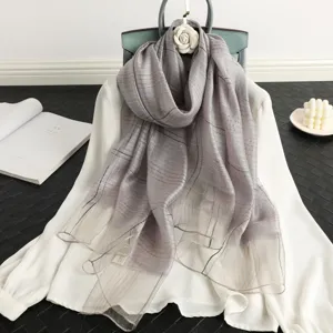 Exquisite grey striped silk wool scarf detail, elegant shawl for women, gold embroidery.