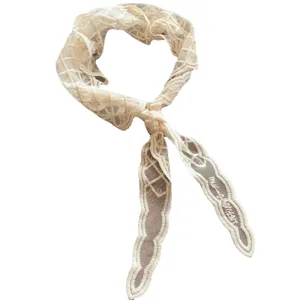 Chic off-white lace mesh short scarf stylish floral jacquard ribbon for summer women.