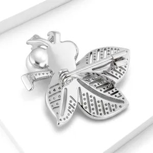 Exquisita broche de hoja perla plateada vista trasera, elegante artículo accesorio moda