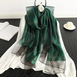 Green mulberry silk wool plaid scarf with gold thread embroidery, elegant fashion accessory detail.