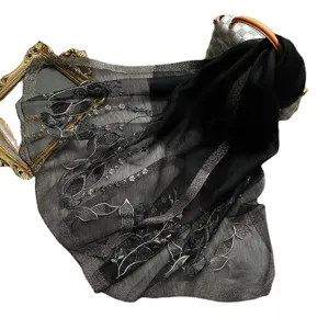 Elegant black mulberry silk embroidered scarf with silver floral pattern for women gift.